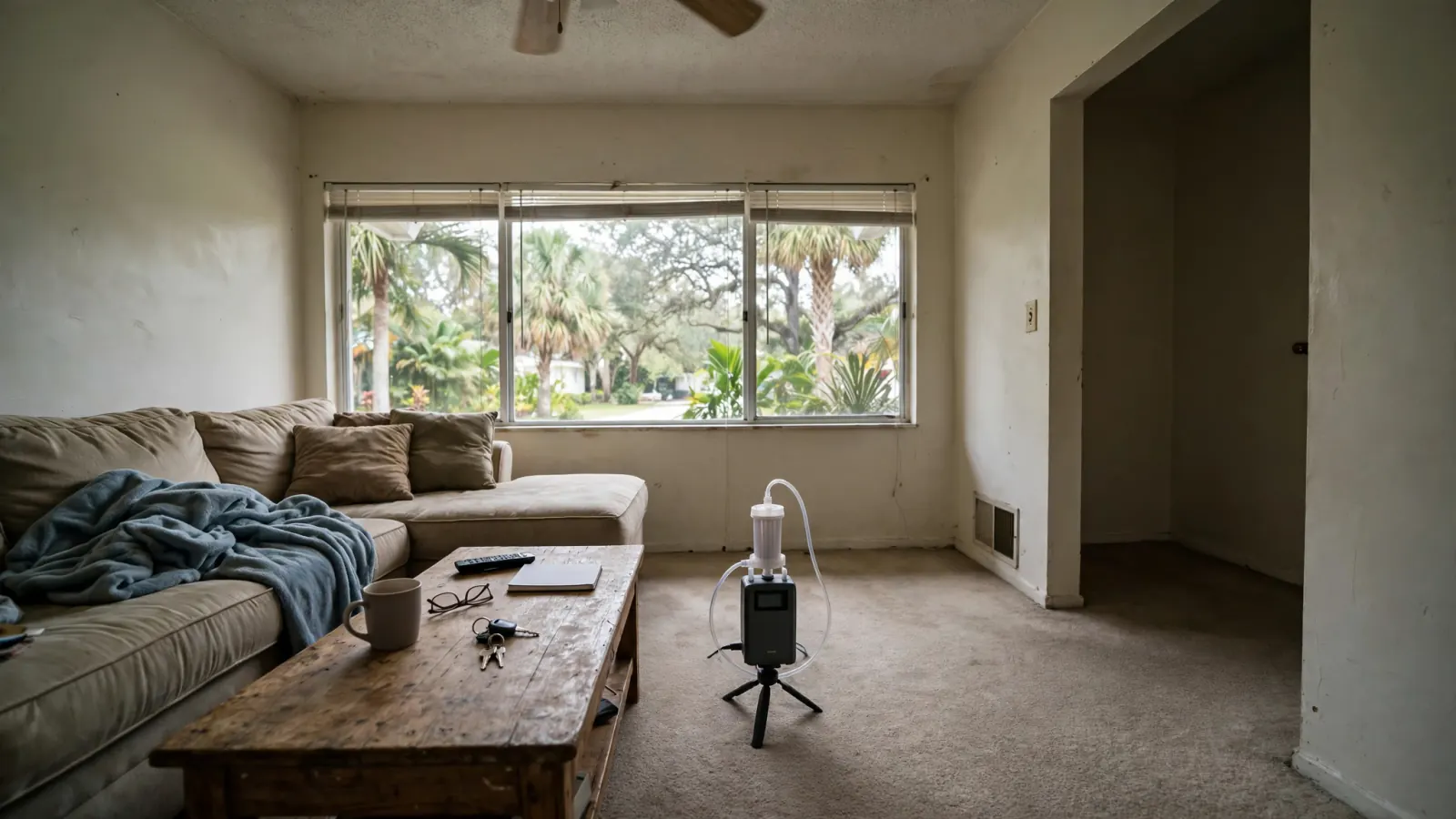 Air sampling pump on a tripod in a living room