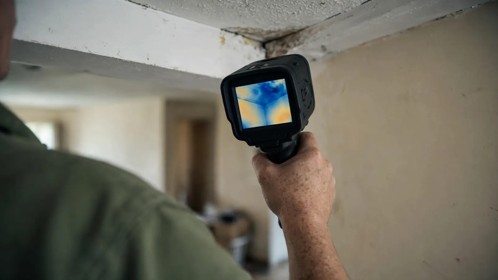 Thermal camera showing hidden moisture in a ceiling corner
