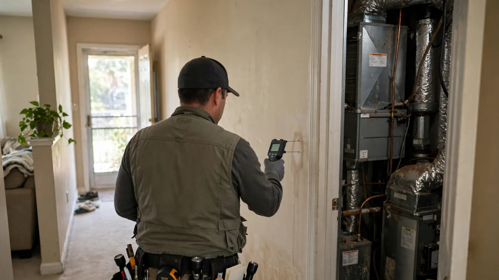 Inspector checking drywall with a moisture meter beside an AC closet