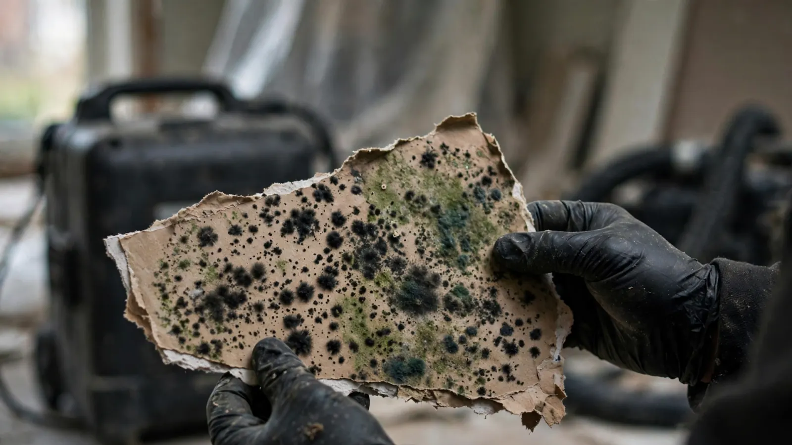 Gloved hands holding a moldy piece of drywall