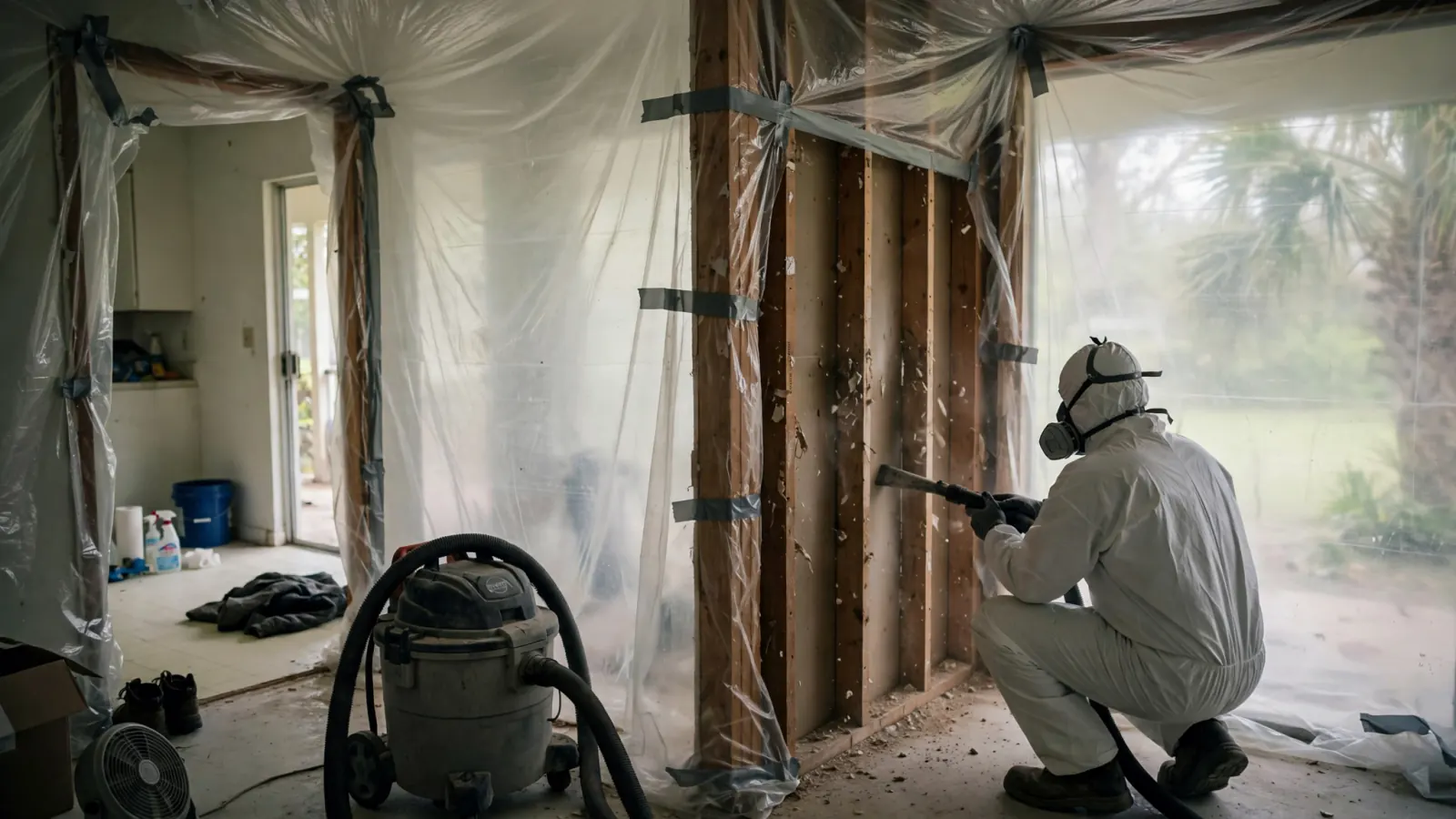 Worker in a protective suit removing moldy materials inside containment