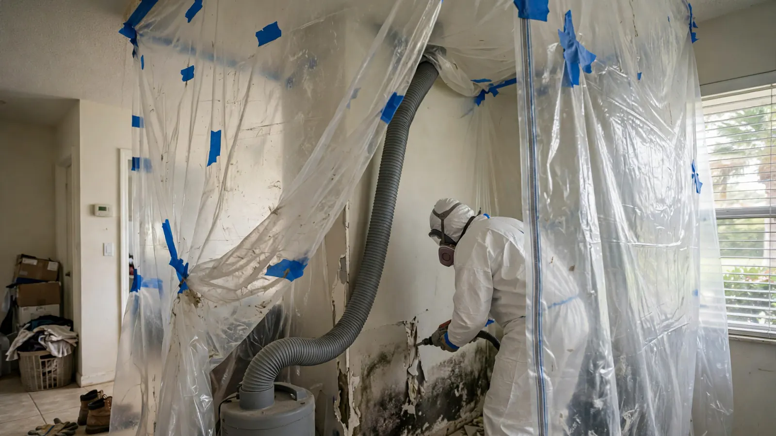 Plastic containment with a HEPA duct set up for mold removal