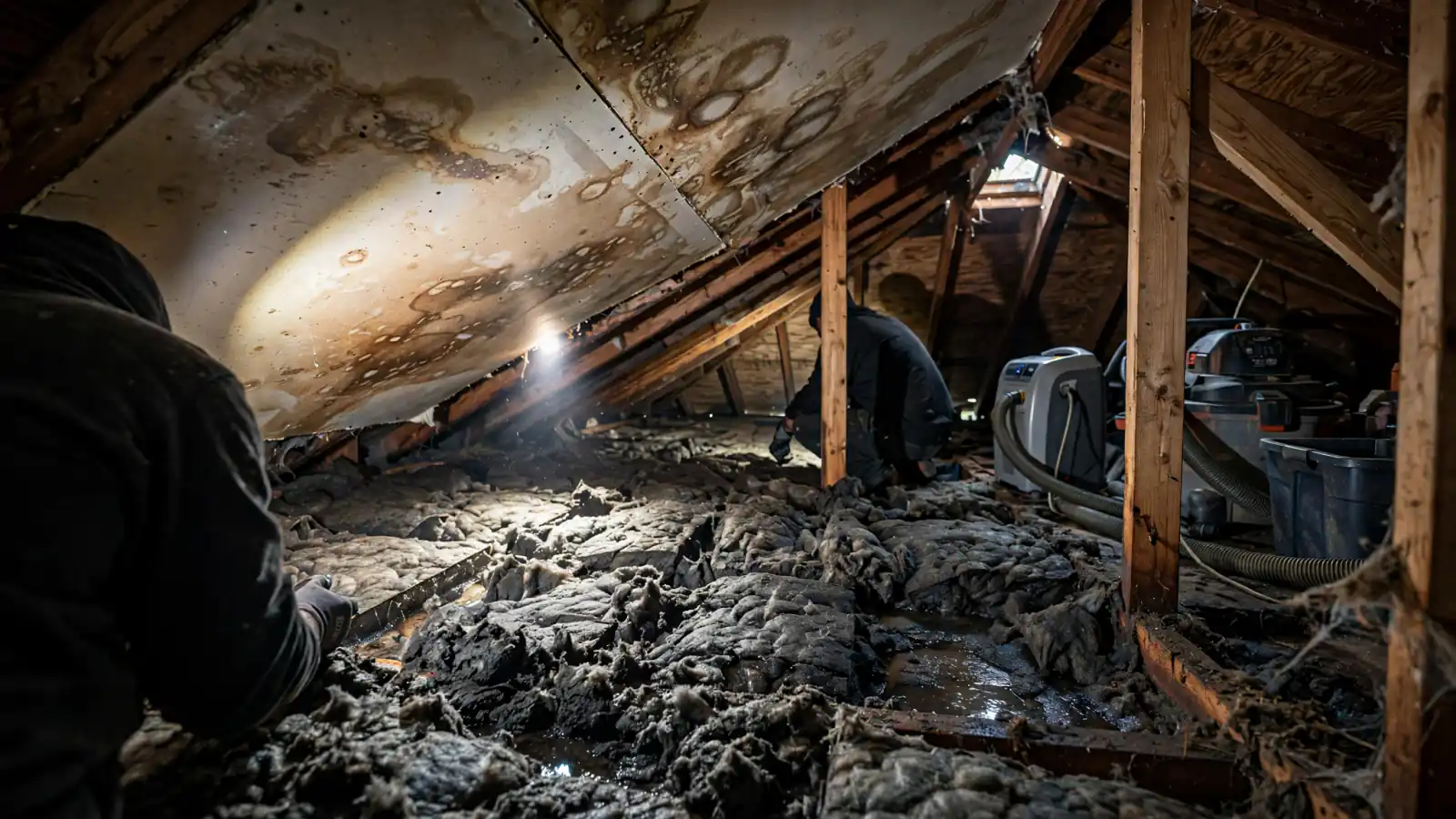 Wet, collapsed attic insulation under a leaking roof