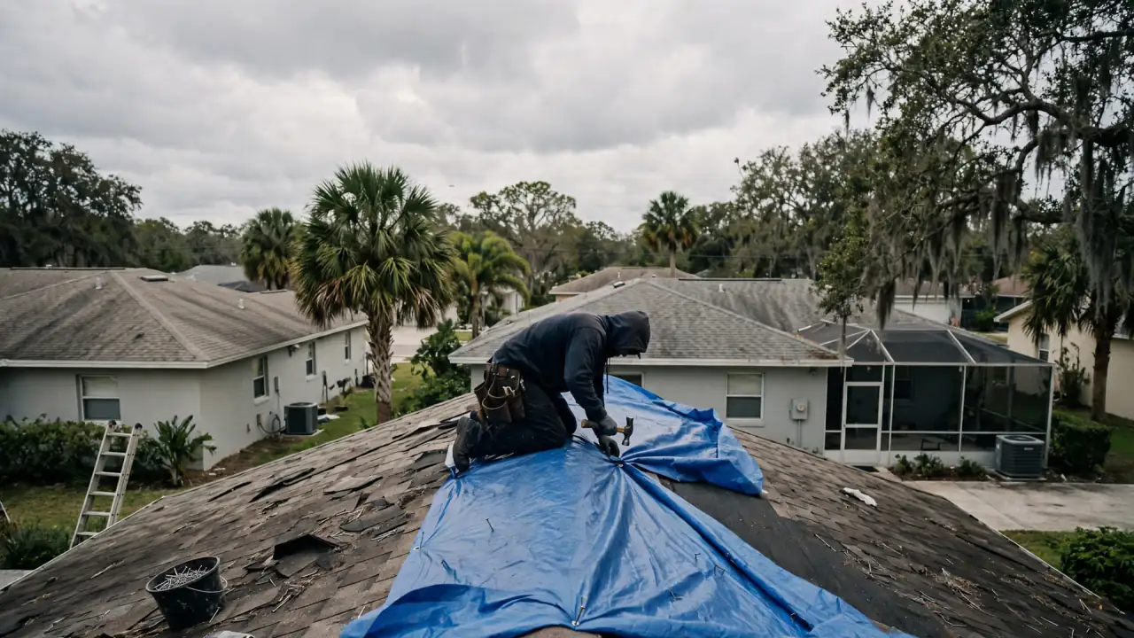 Roofer securing a blue tarp over a storm-damaged roof