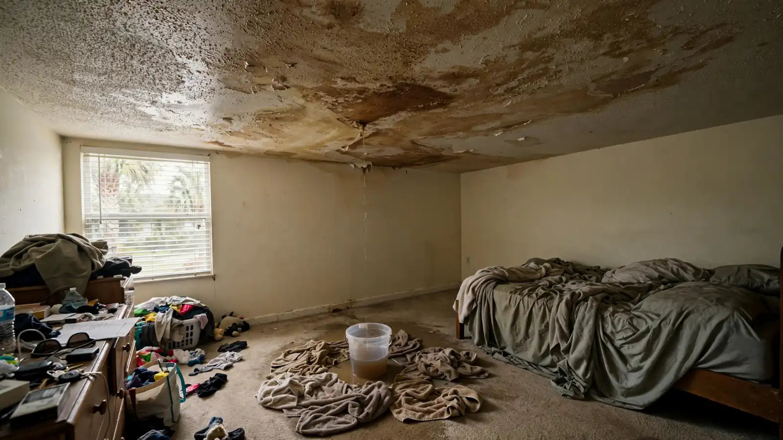 Bedroom with a water-stained, sagging ceiling after a roof leak
