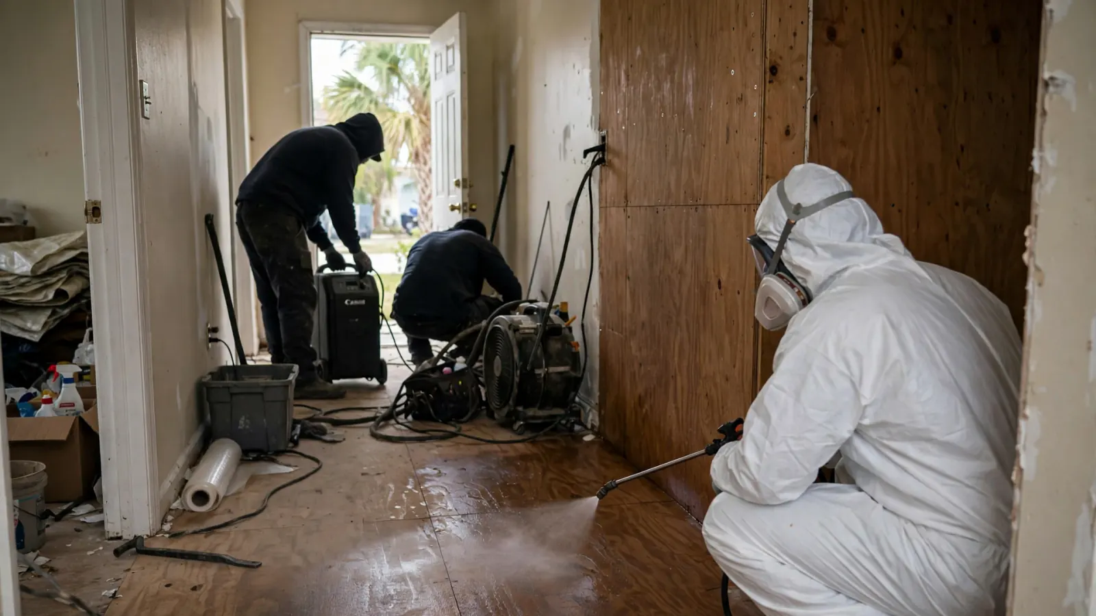 Crew in protective gear removing sewage-damaged materials from a bathroom