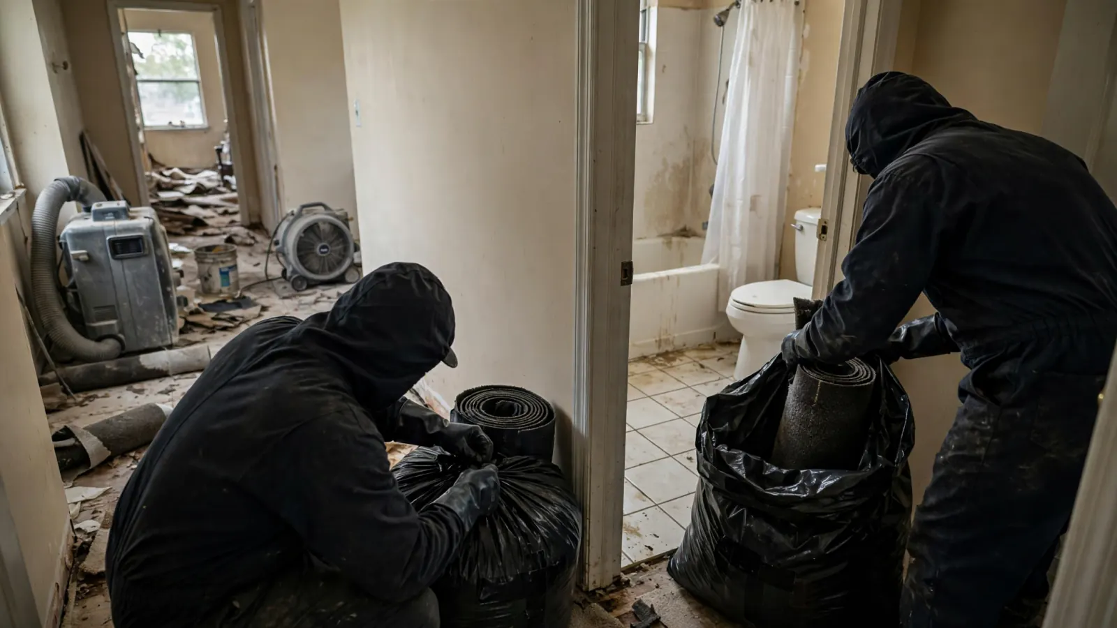 Workers bagging contaminated debris after a sewage backup