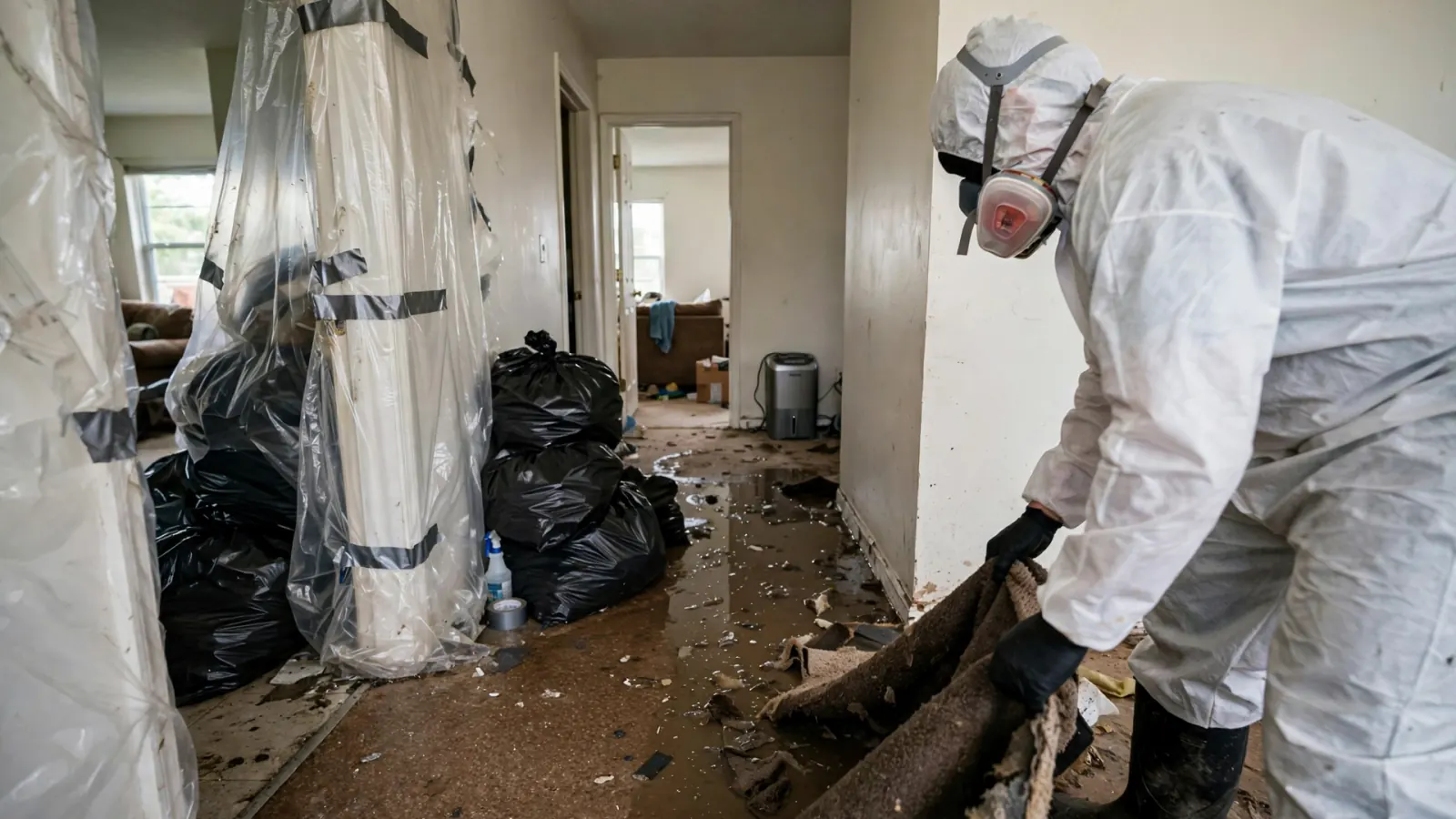 Worker in a protective suit removing sewage-soaked flooring inside containment