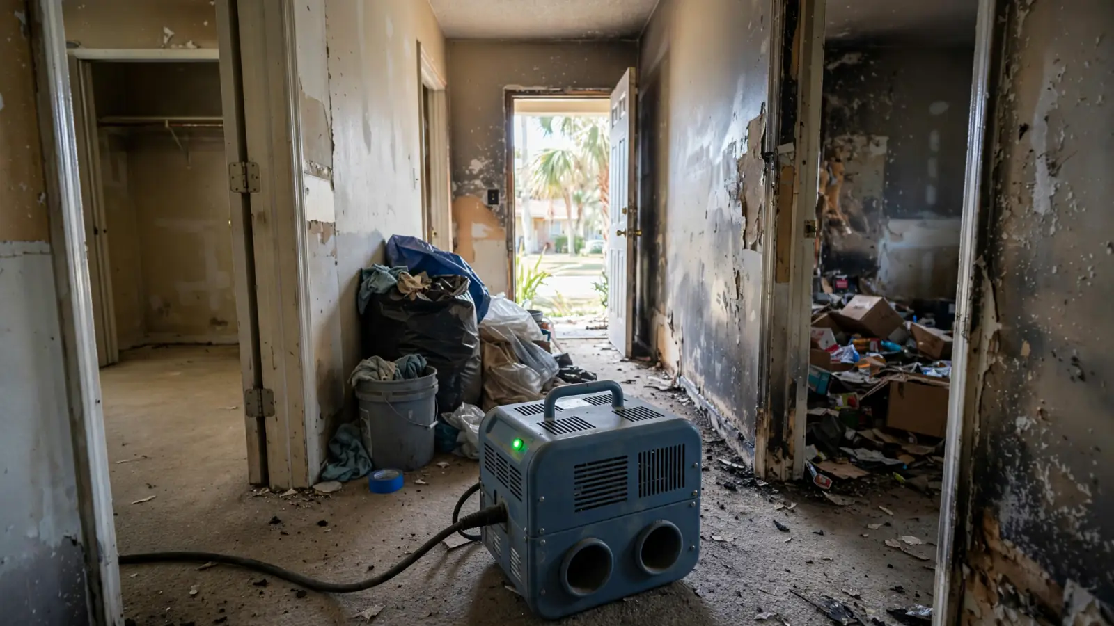 Hydroxyl generator running in a fire-damaged hallway