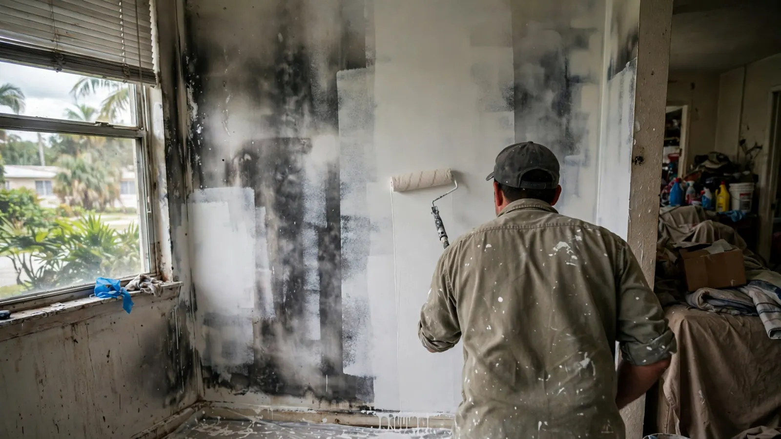 Painter rolling stain-blocking primer over smoke-stained walls