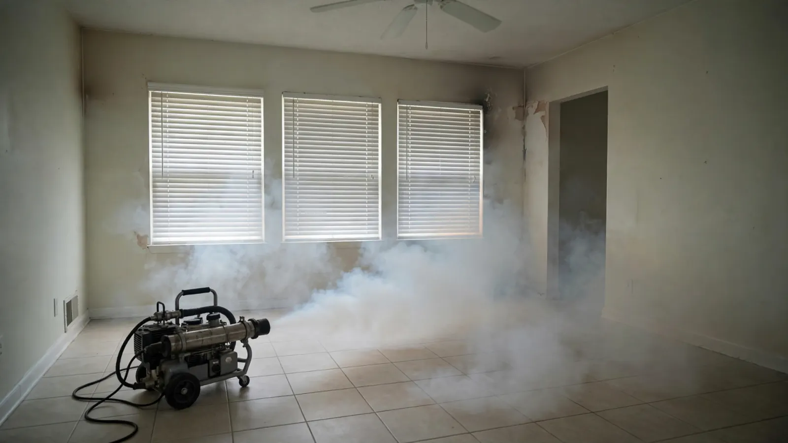 Thermal fogger releasing deodorizing fog into an empty living room