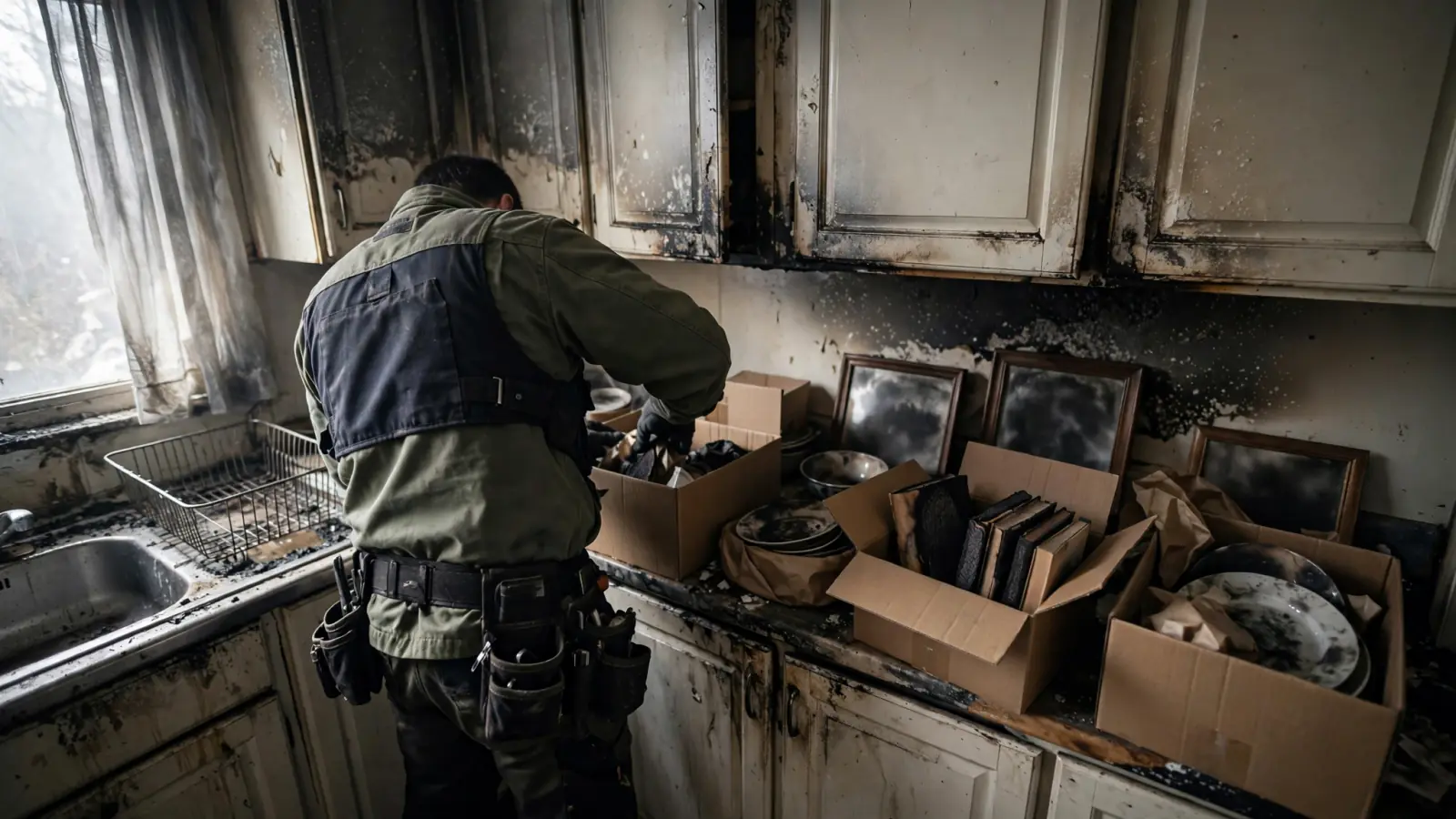 Technician packing smoke-damaged dishes and books into boxes