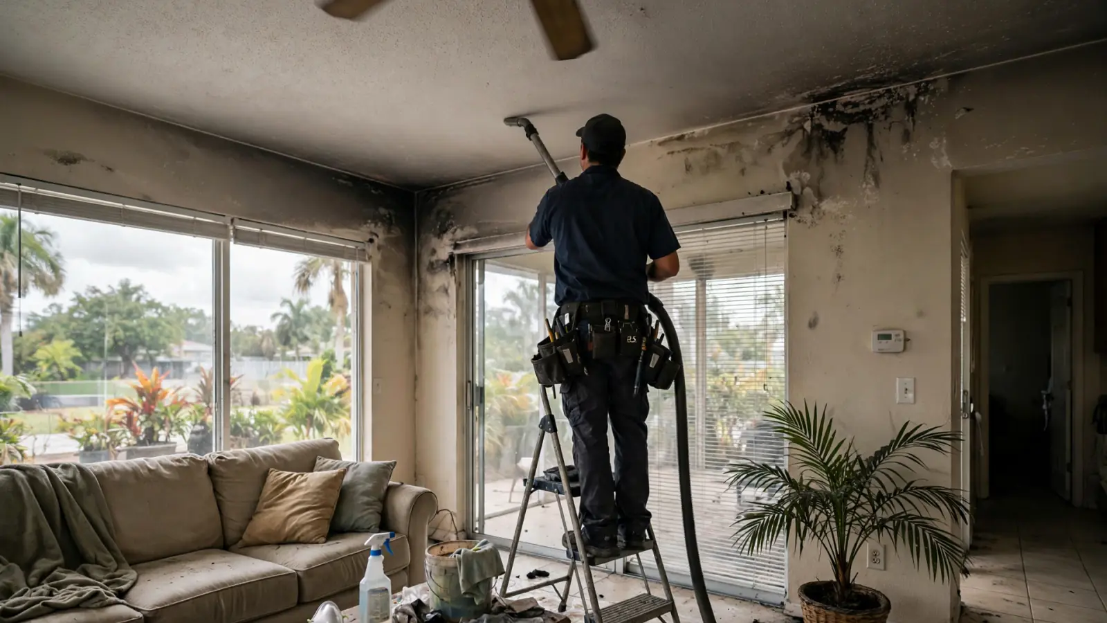 Technician on a stepladder HEPA-vacuuming soot from a living room ceiling