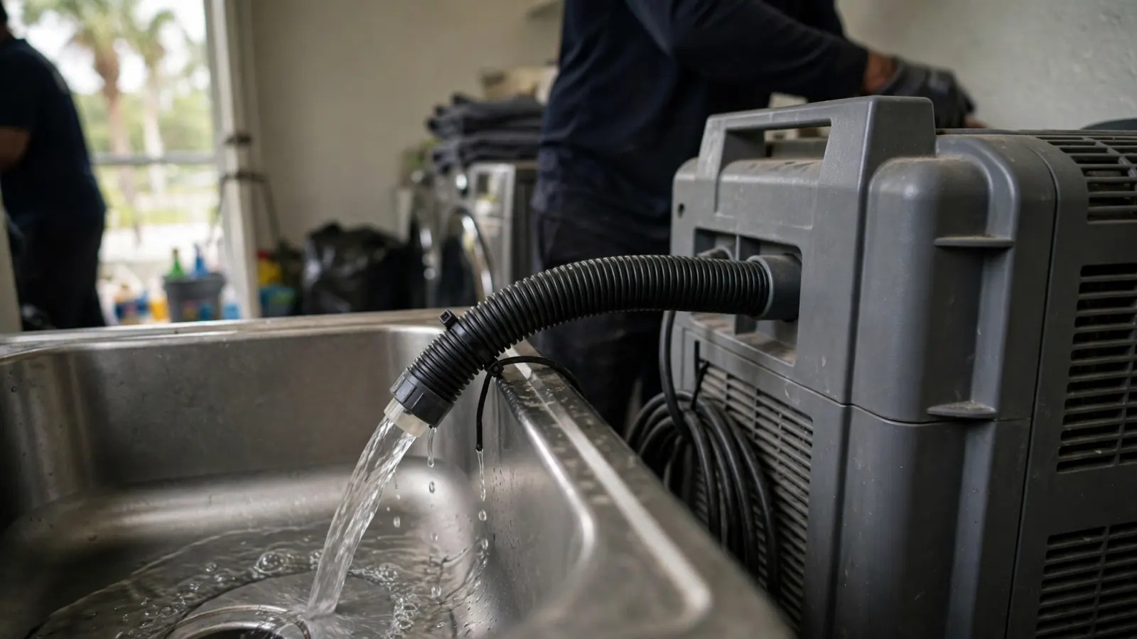 Dehumidifier draining collected water into a sink