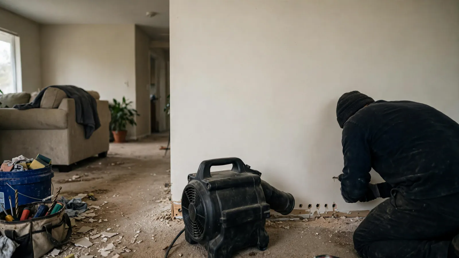 Technician positioning an air mover against a wet wall