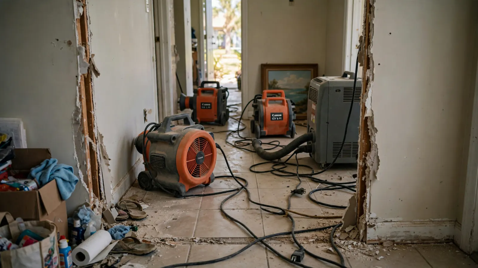 Air movers and dehumidifiers drying a room with the lower drywall cut away