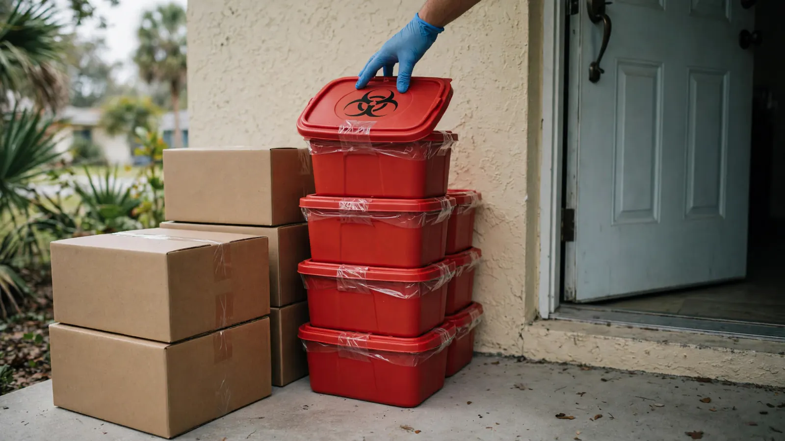 Sealed red biohazard containers stacked by a front door