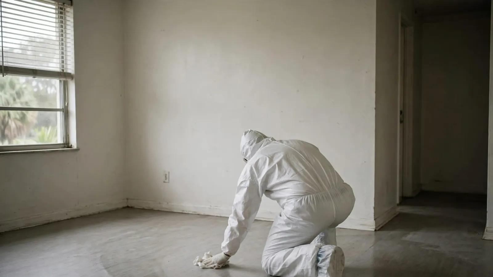 Technician in a protective suit disinfecting a bare floor