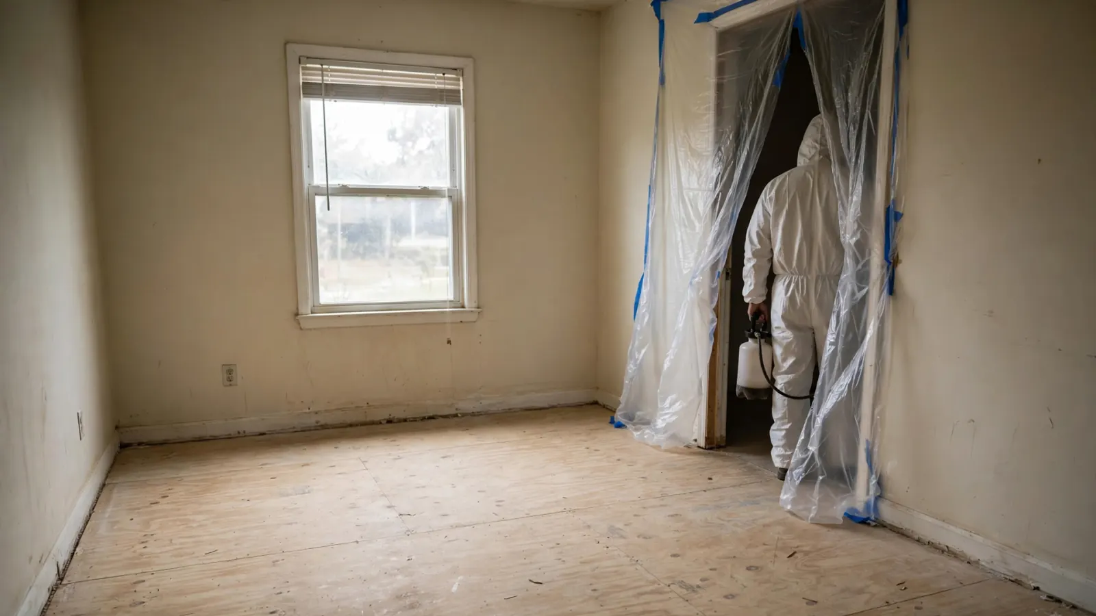 Empty bedroom with carpet removed to the subfloor and containment at the door