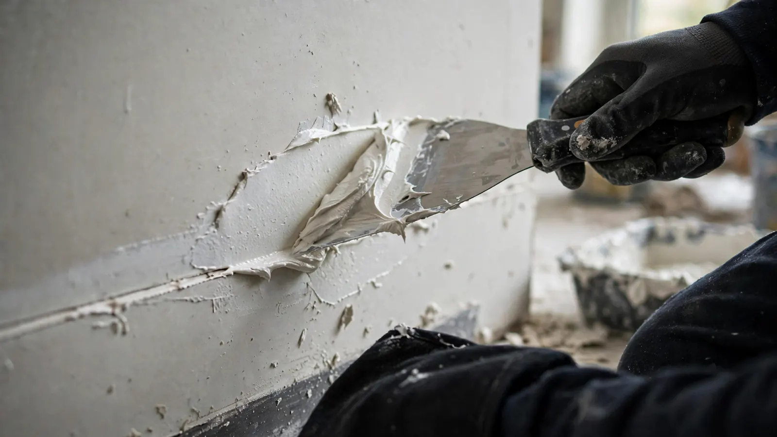 Joint compound being spread over new drywall tape