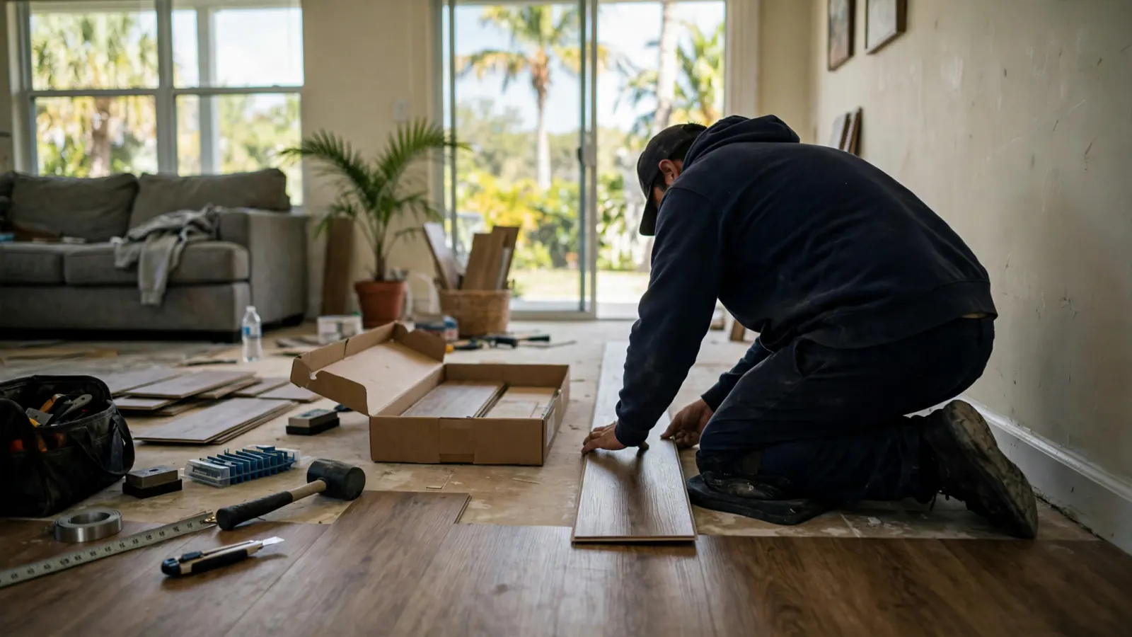 Installer laying new plank flooring in a living room