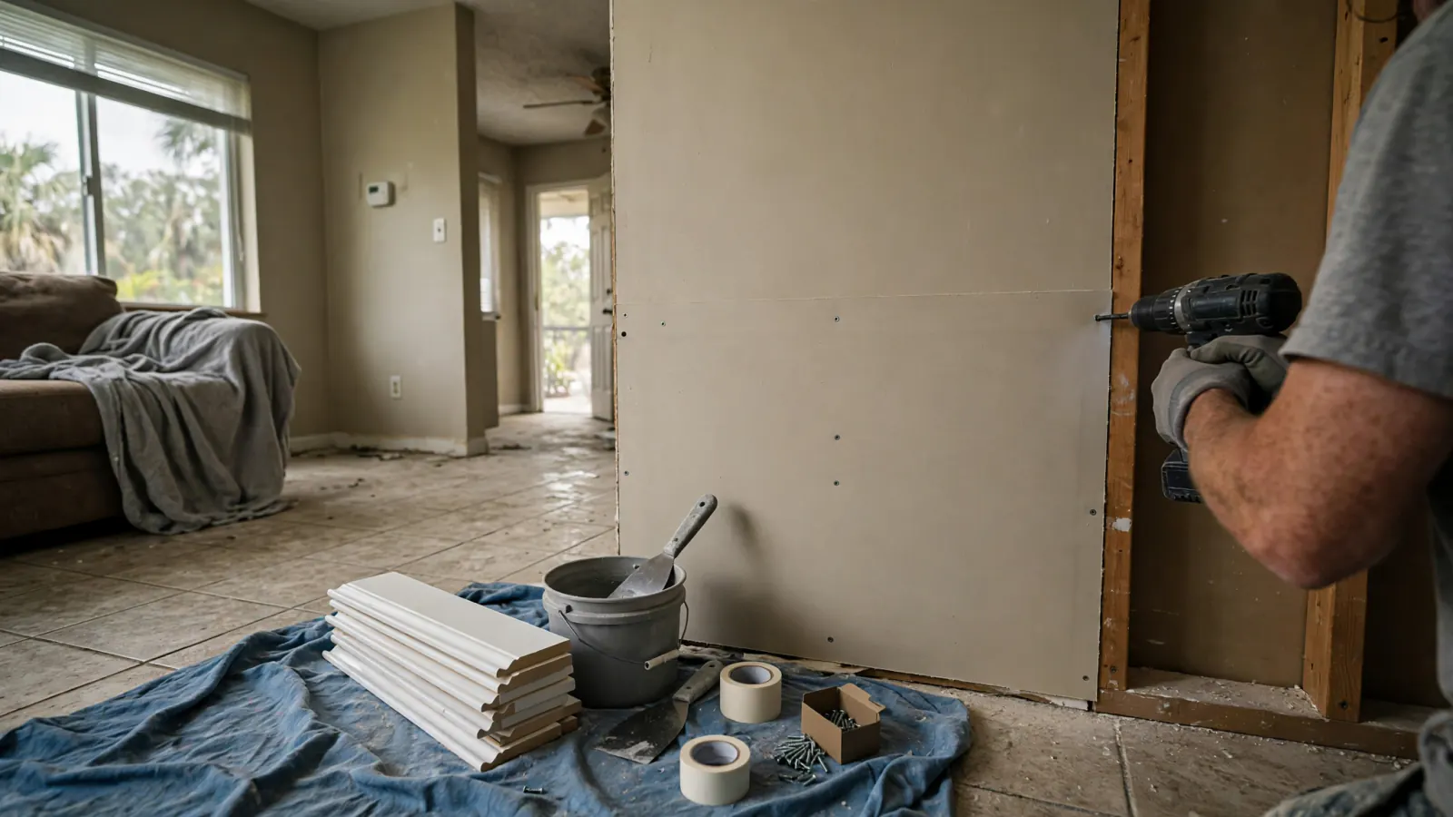 Contractor installing new drywall with supplies on a drop cloth