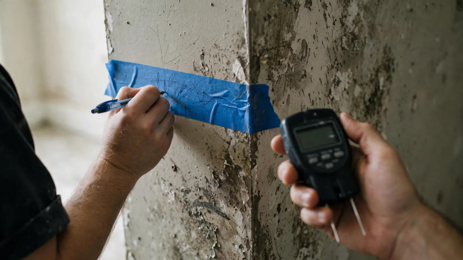 Technician writing moisture readings on tape on a damp wall
