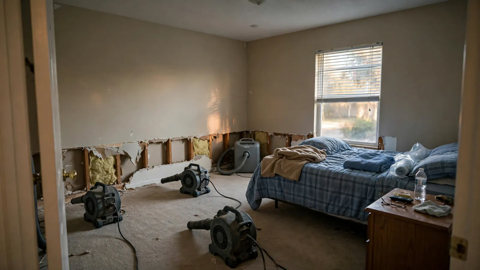 Air movers and a dehumidifier drying a bedroom with the drywall cut away