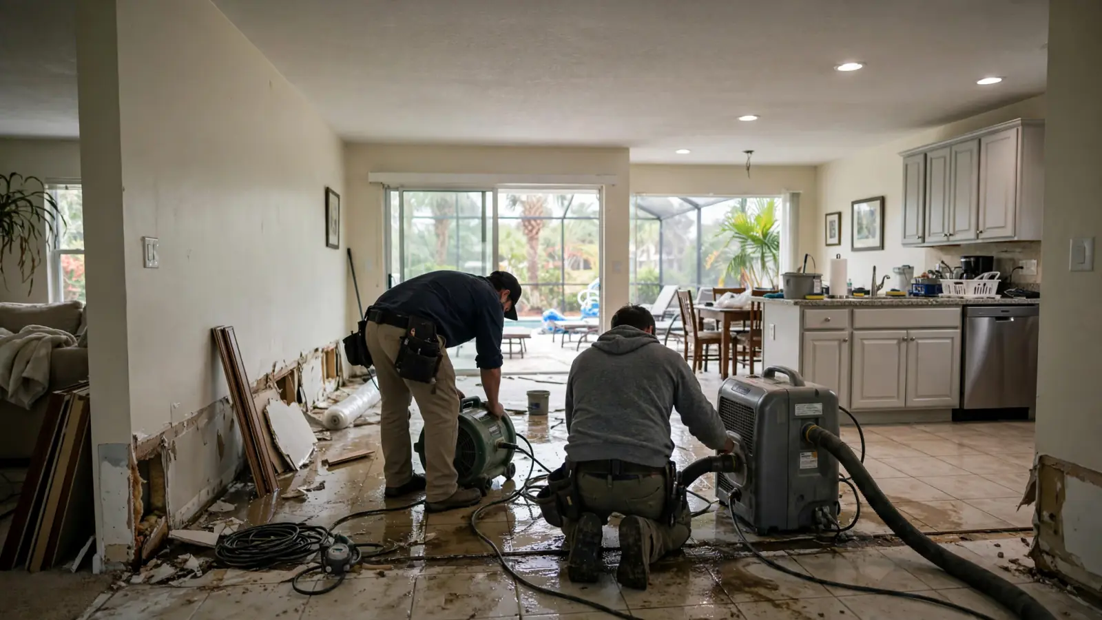 Technicians setting up drying equipment in a water-damaged open-plan home