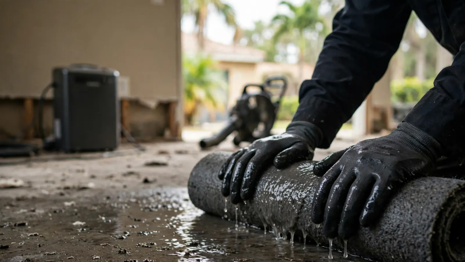 Gloved hands rolling up a soaked carpet pad