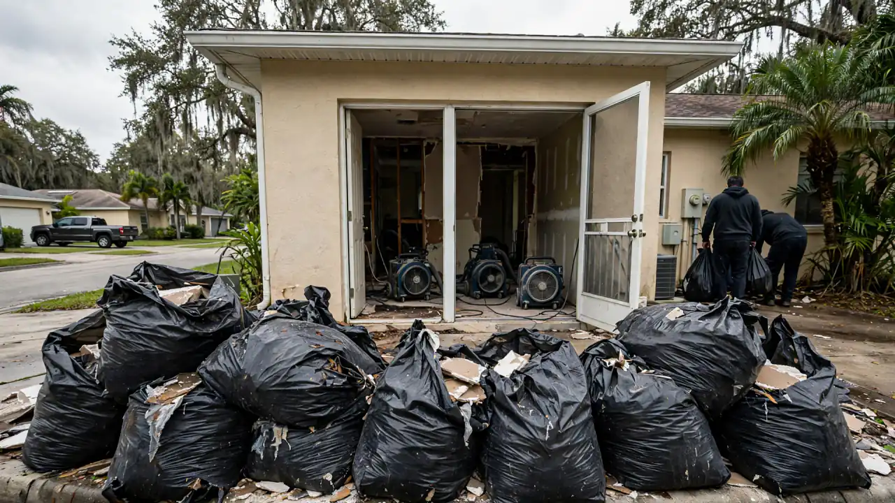 Bags of wet debris outside a home while air movers dry the rooms