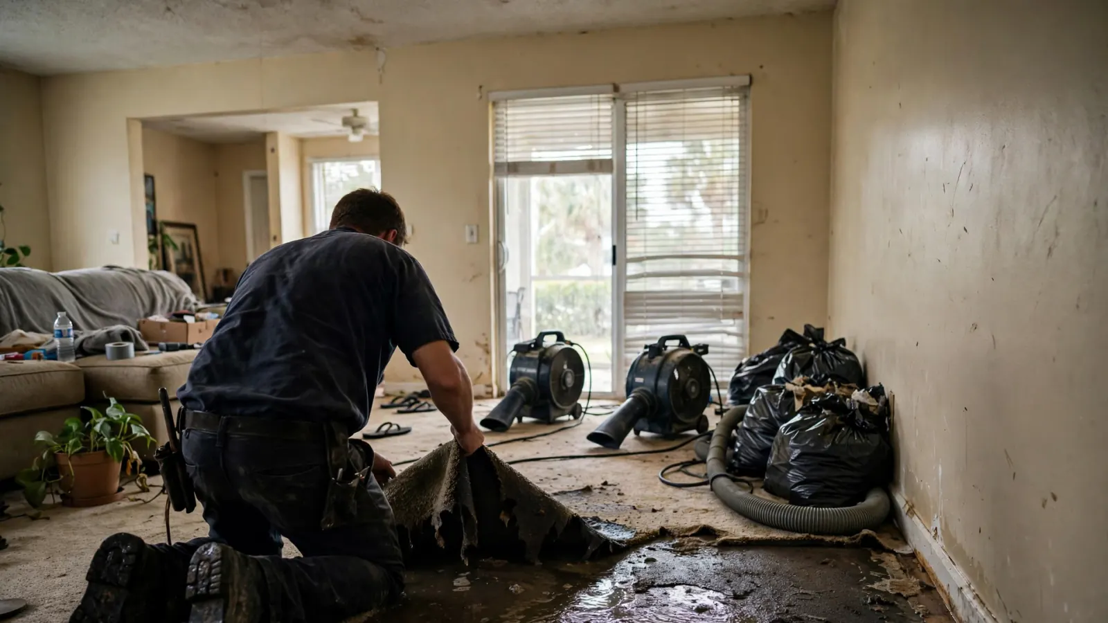 Technician pulling up wet carpet in a living room